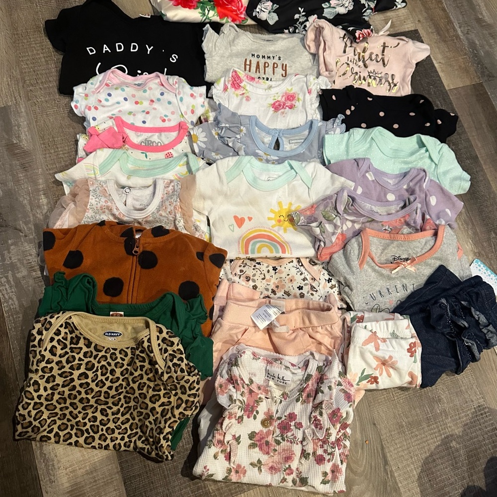 Lot of 26 Assorted Baby Onesies and Outfits